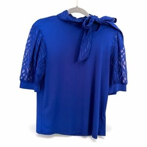 CABLE & GAUGE Tie-Neck Blouse with Lace Mesh Sleeves NWT Royal Blue